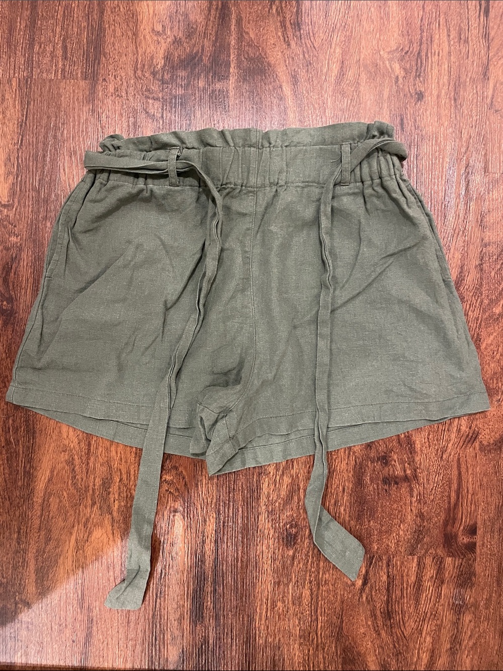 High-Rise Olive Drawstring Linen-Blend Shorts